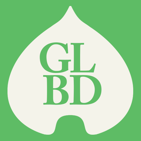 GLBD letters in green on white leaf shape