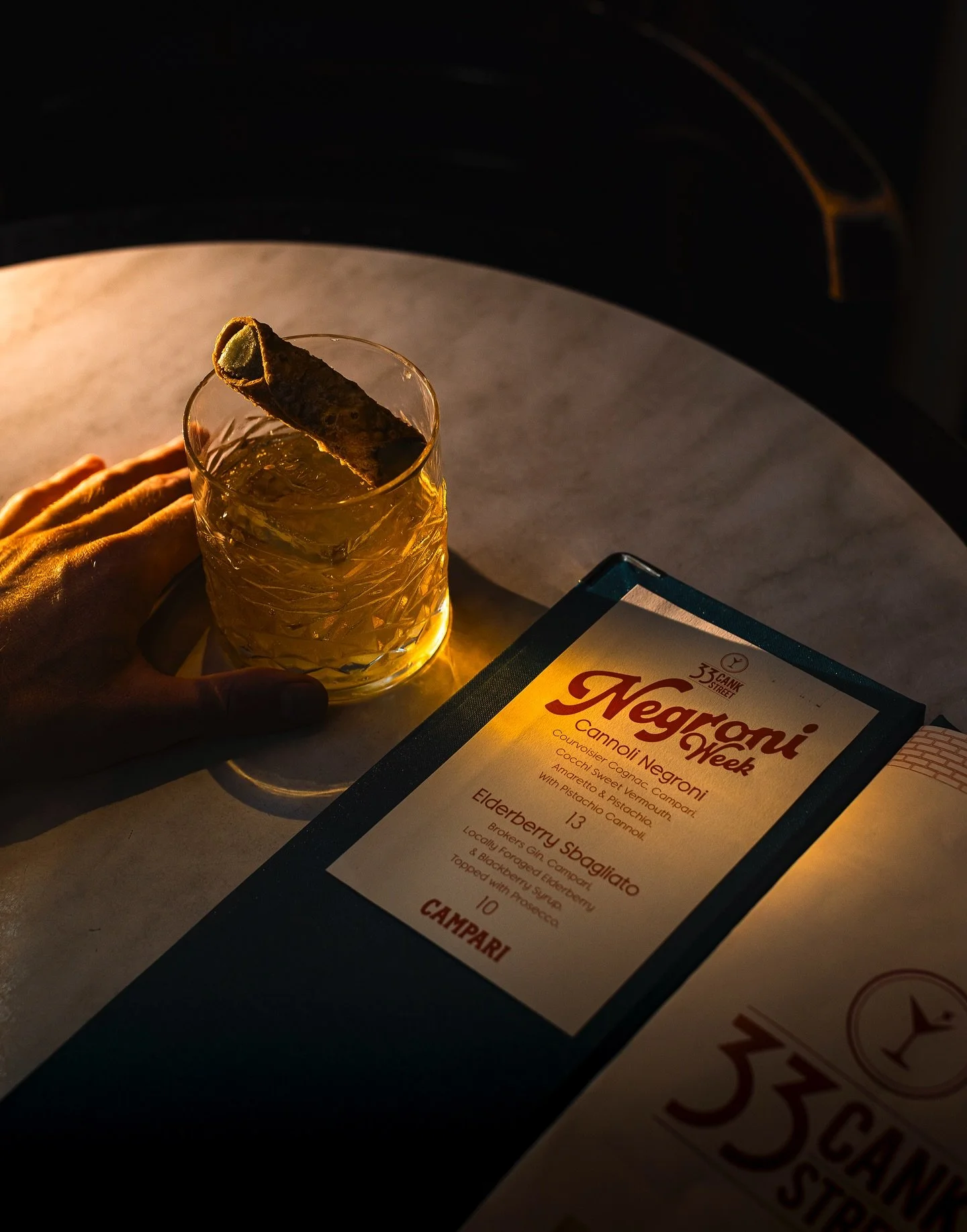 Negroni Month Special

Cannoli Negroni 
Courvoisier, Campari &amp; Sweet vermouth 
Amaretto &amp; Pistachio served with Pistachio Cannoli 

📸 @wren.pro 

#leicester #33cankstreet #mixologist #campari #negroni #bartender