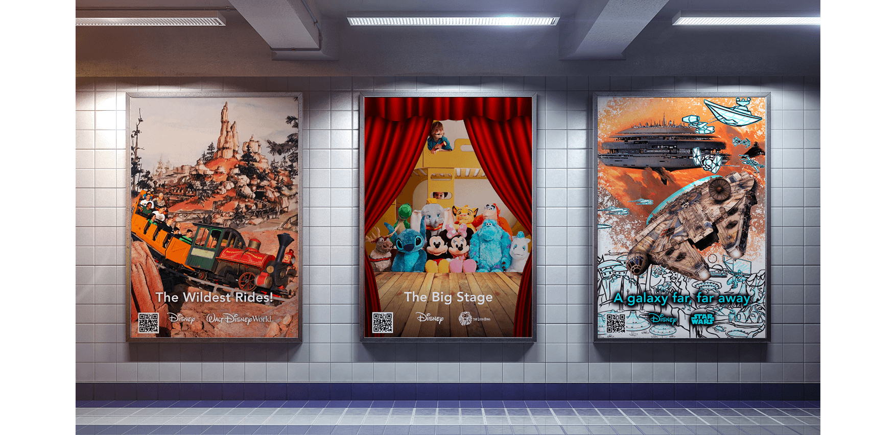 Posters show the different stages and jobs during the creative process. From playing and day dreaming as a kid to concept art, special effects and the production crew. QR codes can be scanned to bring posters to life and find out more info.