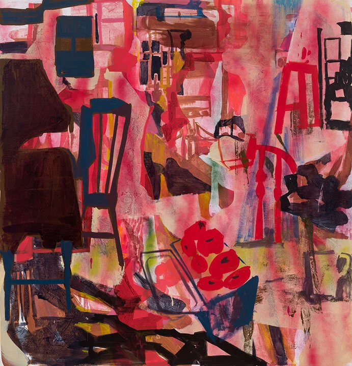   Red Rooms , 2019  oil, acrylic and spray paint on canvas  50 in. x 48 in. 