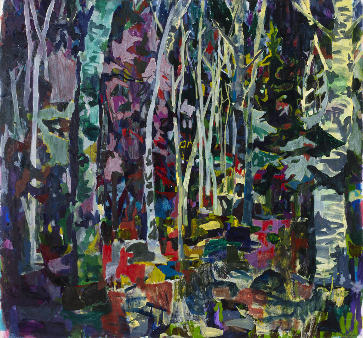   In the Forest , 2020, acrylic and oil on canvas, 56 in. x 60 in. 