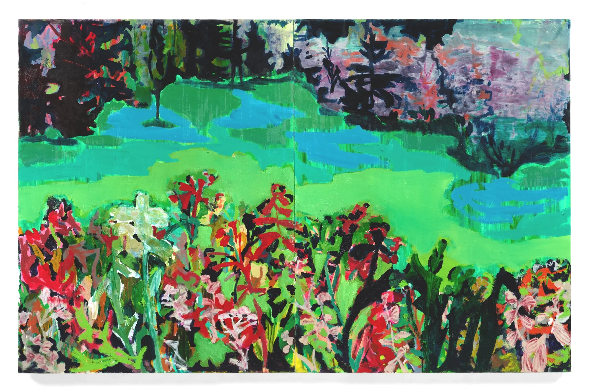   Three Part Invention , 2023  acrylic and oil on canvas  diptych, 55 in. x 86 in.  