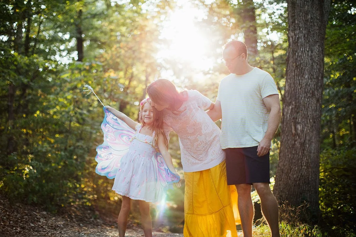Family walking the Meadowmont greenways at dusk, Chapel Hill NC