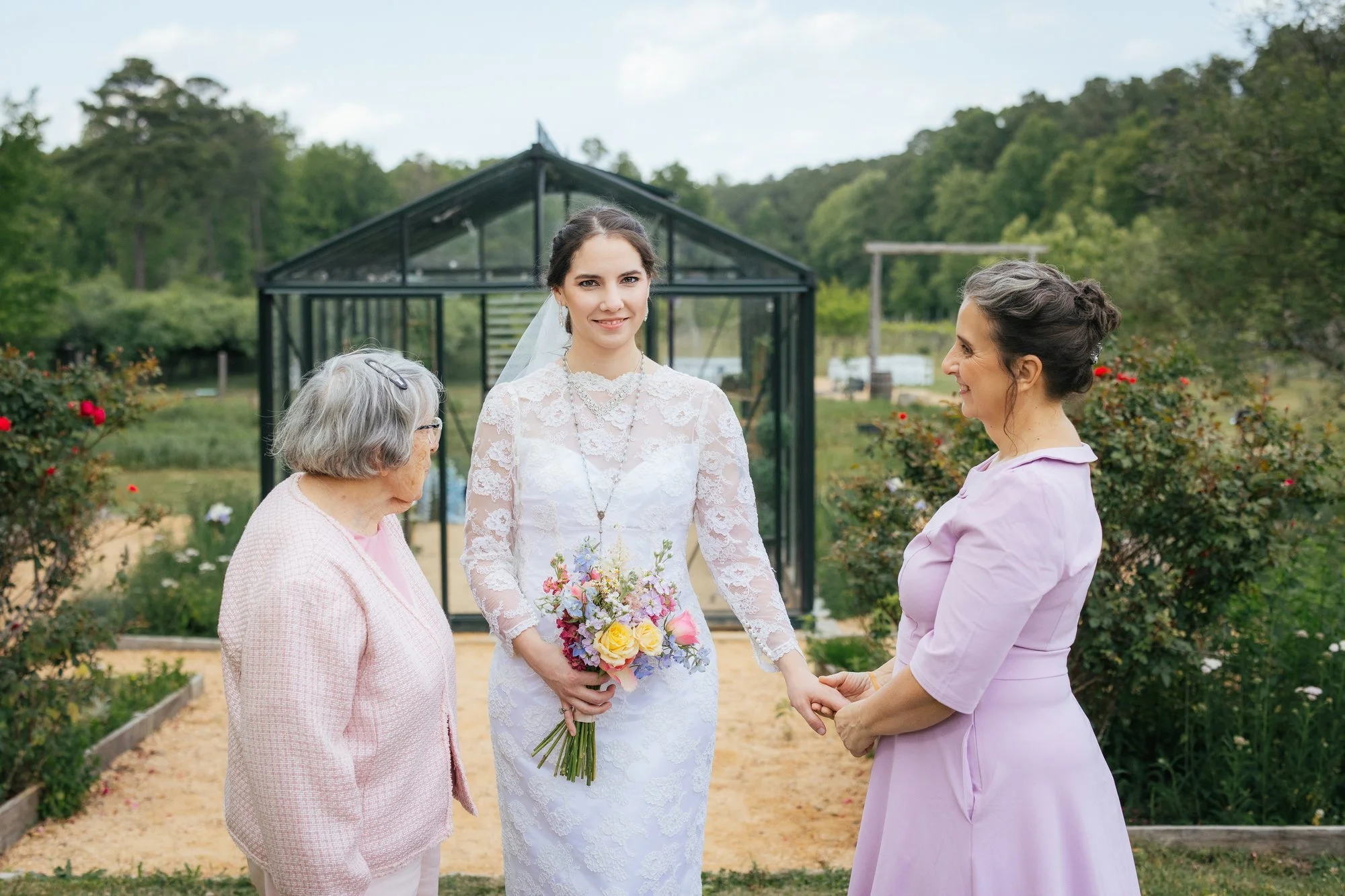 Three generations — bride with her mother and grandmother — Honeysuckle Tea House wedding