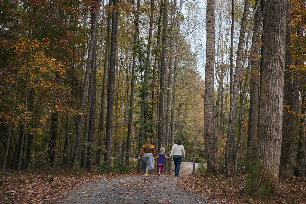 Parents holding daughters hand and walking on path in woods