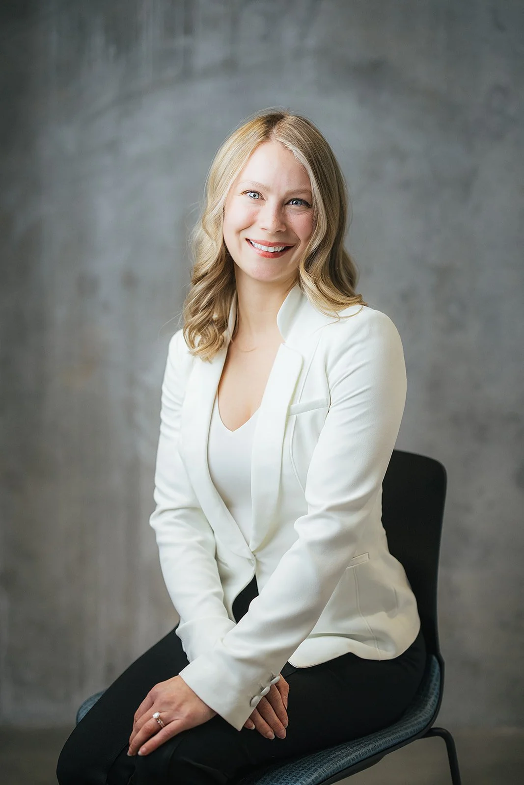Woman in White Blazer Smiling Downtown Durham Professional Headshots