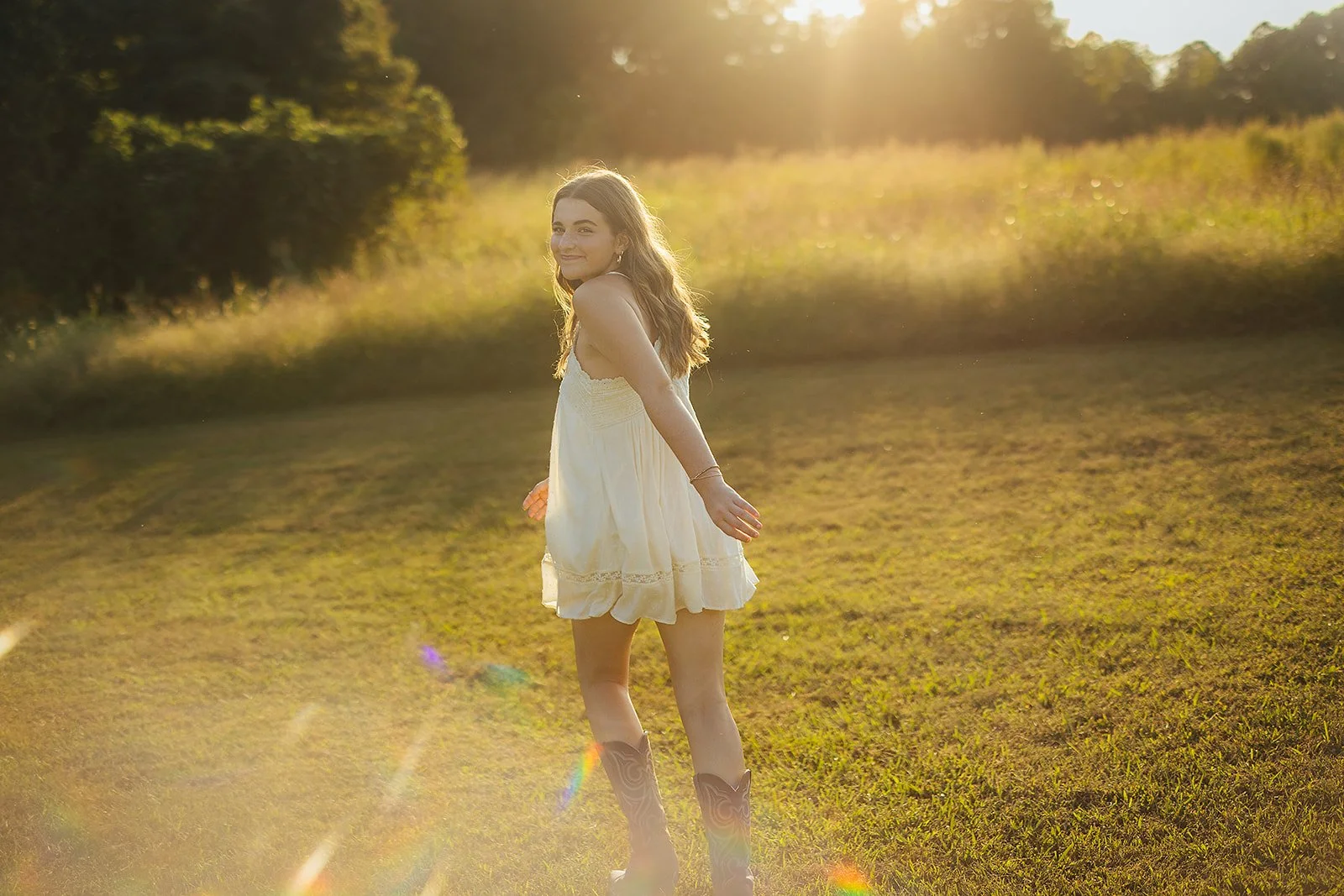 Senior Girl Running Through Field At Golden Hour Durham NC