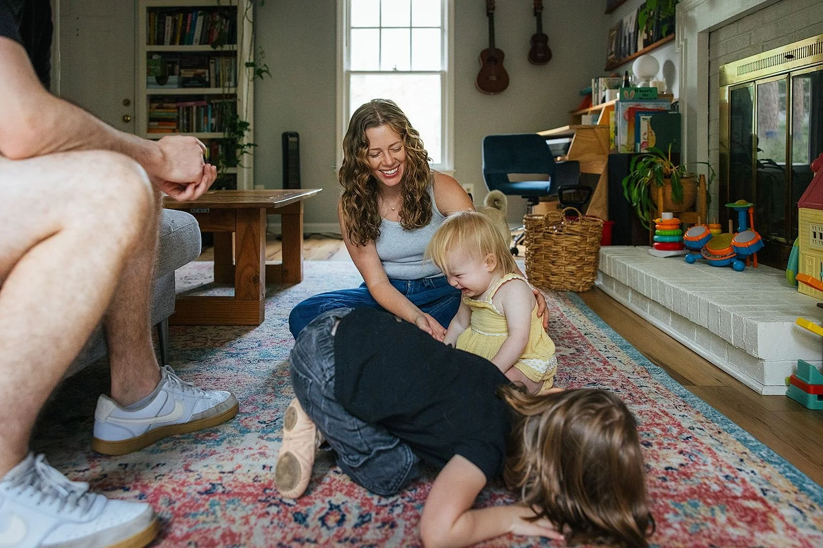 Mom Playing with Kids on Living Room Floor in Durham NC