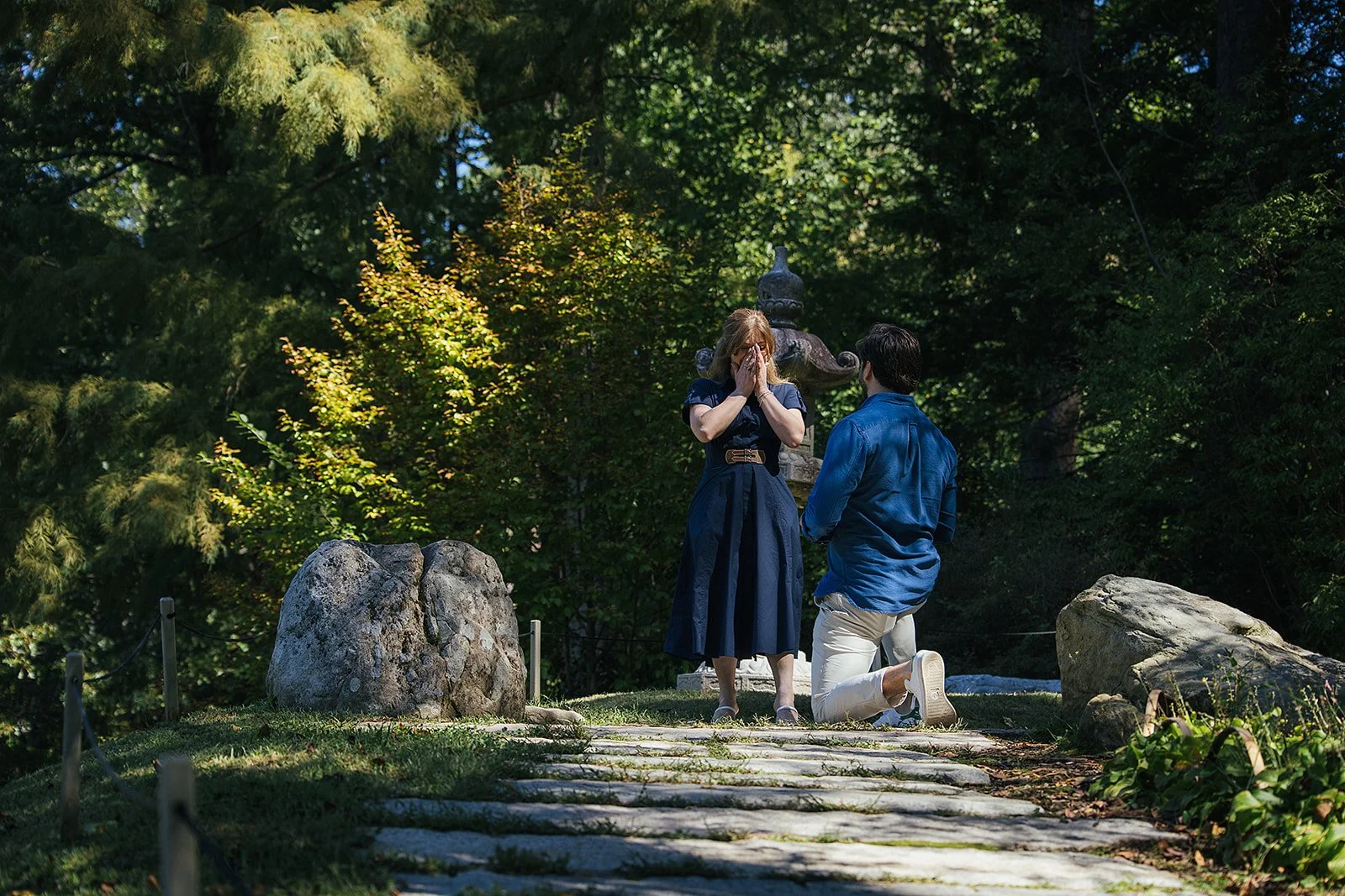 Man proposing to woman at Sarah P Duke Gardens Durham NC
