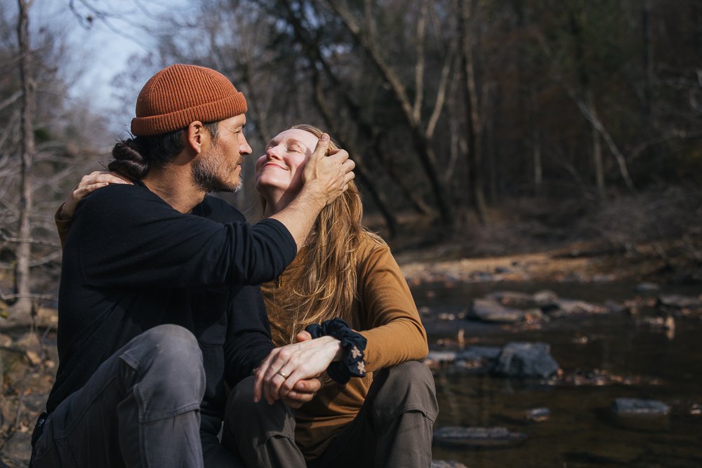 Couple Kissing Outside in Woods in Durham NC