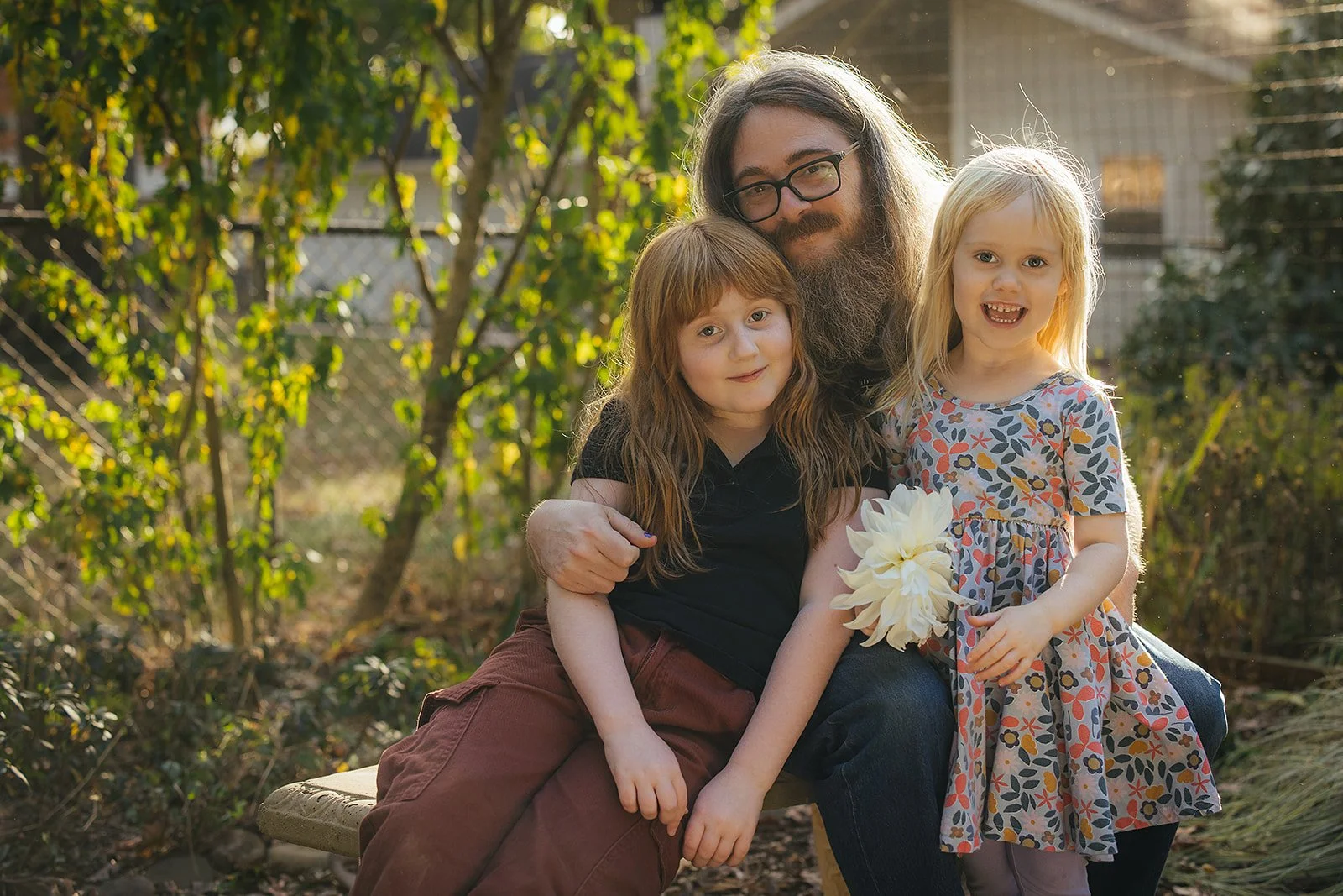 Dad with Young Daughters Outside Family Photo Session