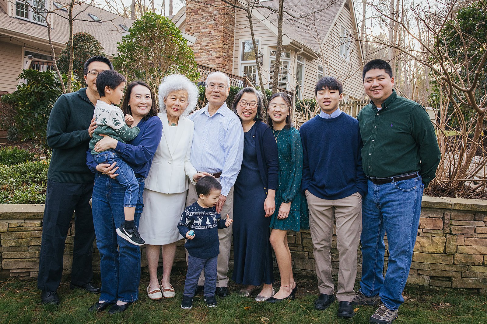 Extended Family Photo with Grandparents and Grandkids outside family home in Durham NC