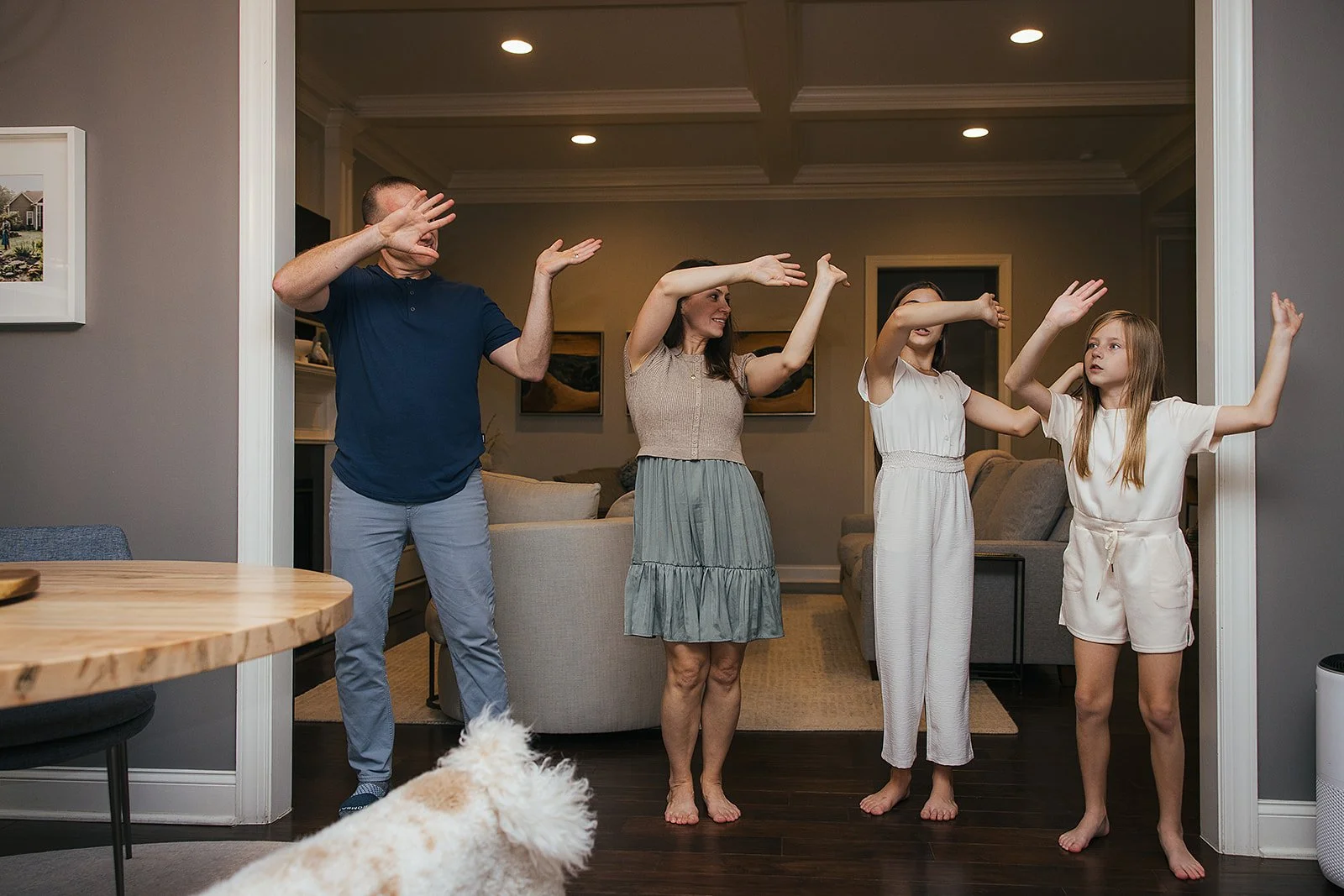 Family dancing in living room Chapel Hill NC Fifty Two Hundred Photography