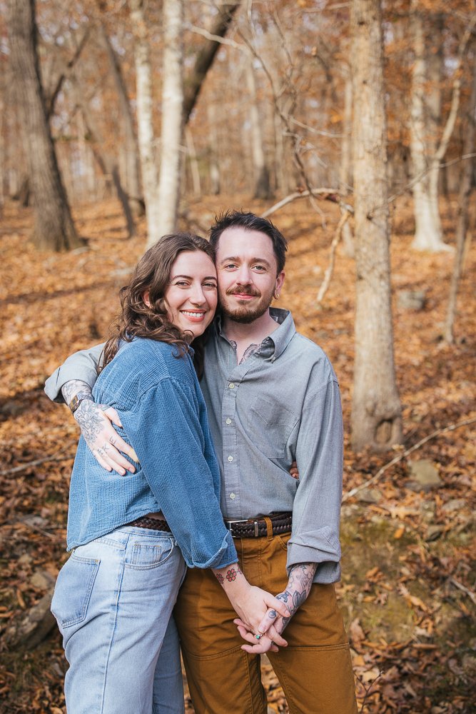 Couple Hugging in Woods in Durham NC