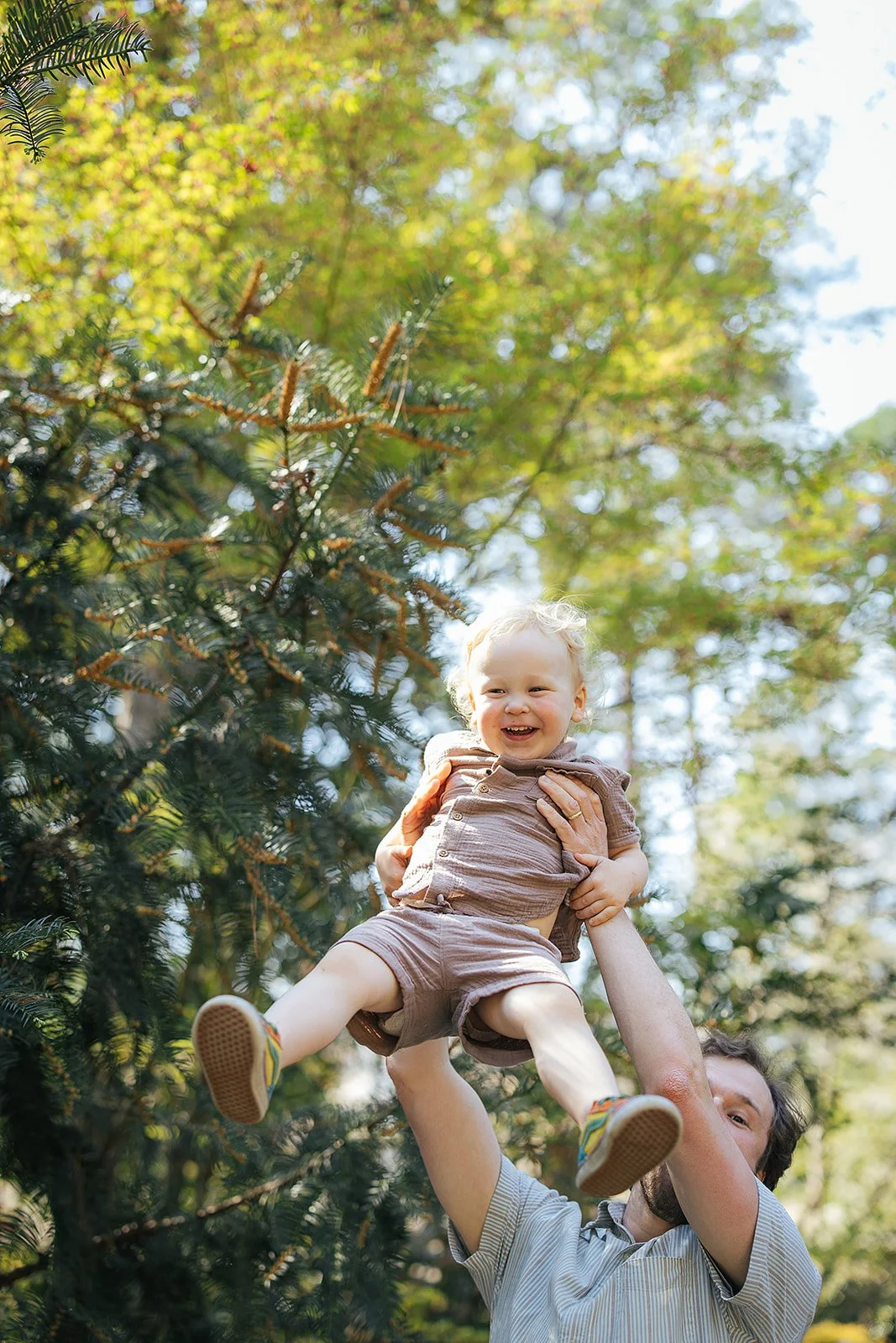 Young Boy Being Held in Air by Dad during Family Photography Session