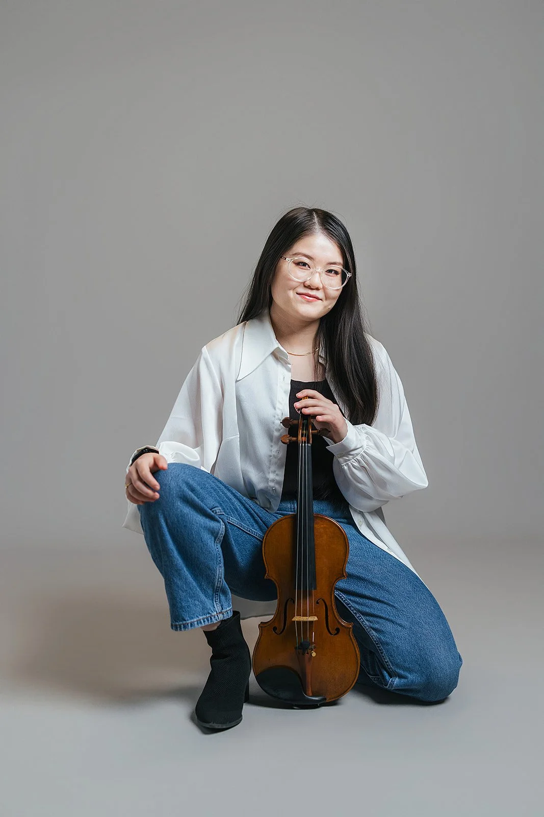 Woman Kneeling with Violin Durham Branding Photography Session