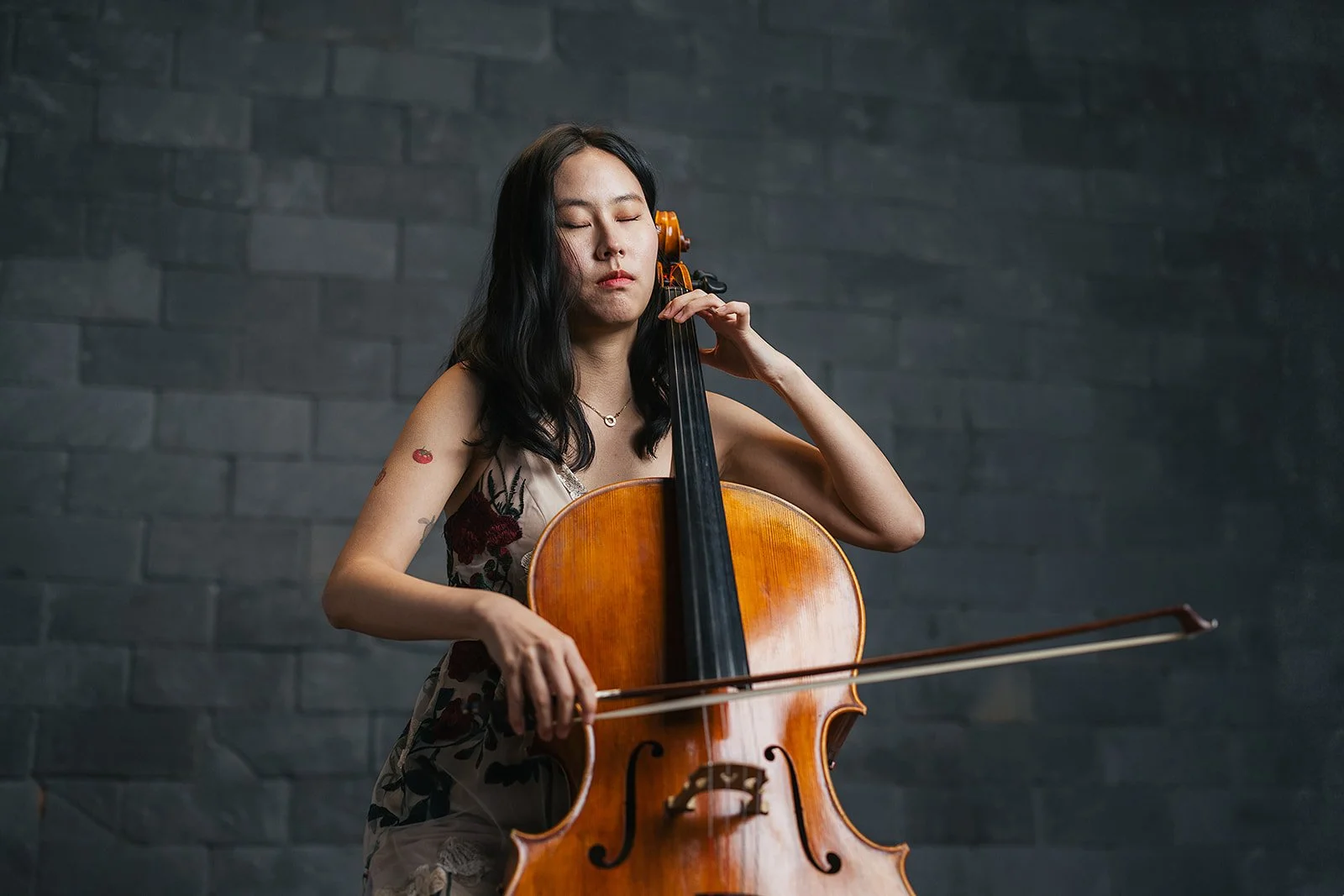 Woman Playing Cello with Eyes Closed Chamber Orchestra of the Trianlge Branding Photography Session