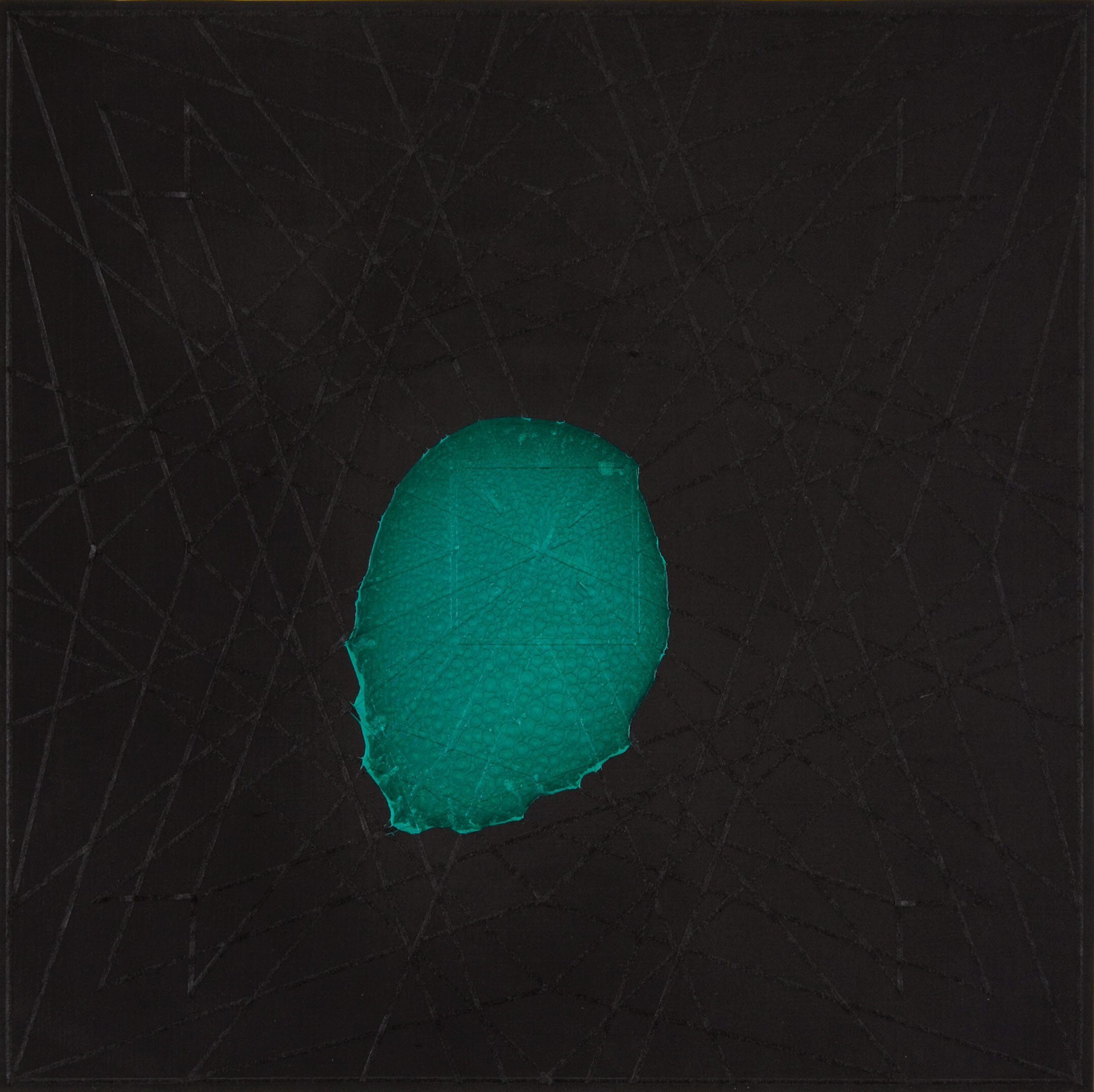    Emerald Dollop II    Ink, acrylic, and tape on wood panel  12” x 12”   