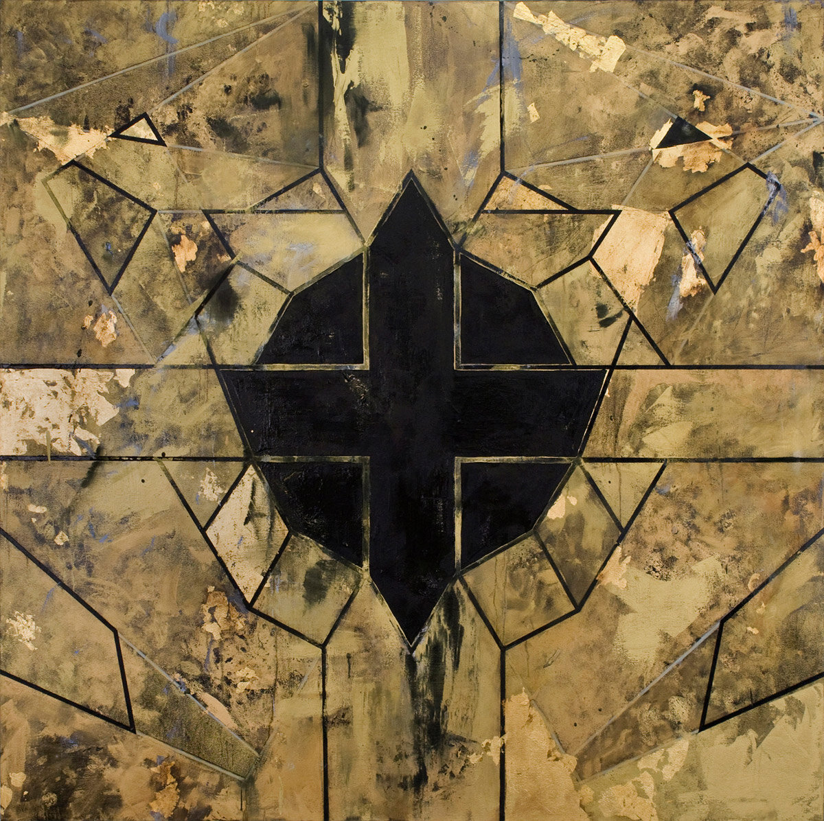    RihtA Es¬mpøln (mega)    Oil, acrylic, and gold leaf on canvas  60” x 60”   