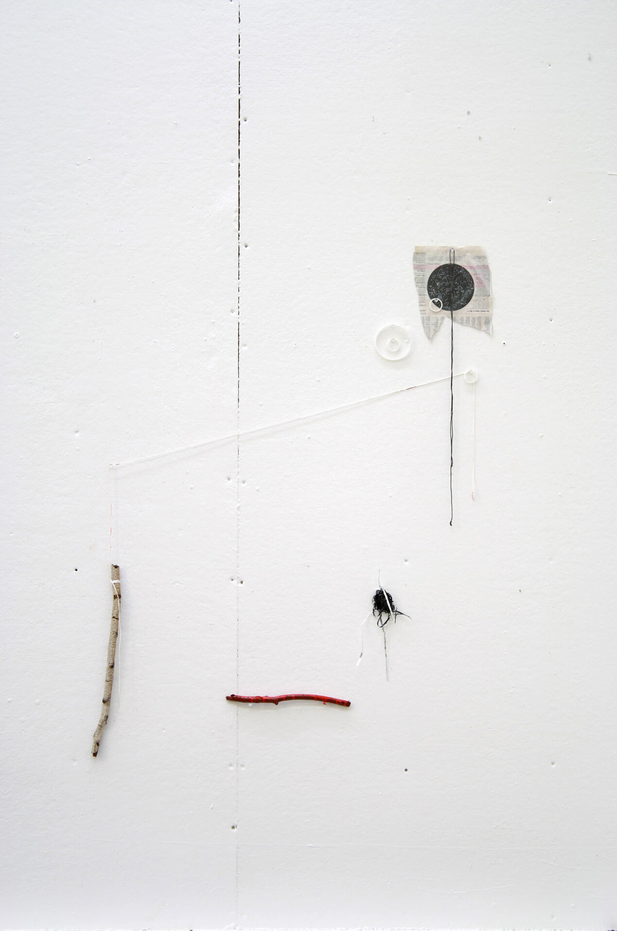    Chapel Series    Wood branches, rope, fabric, glue, local detritus, tape on wall 