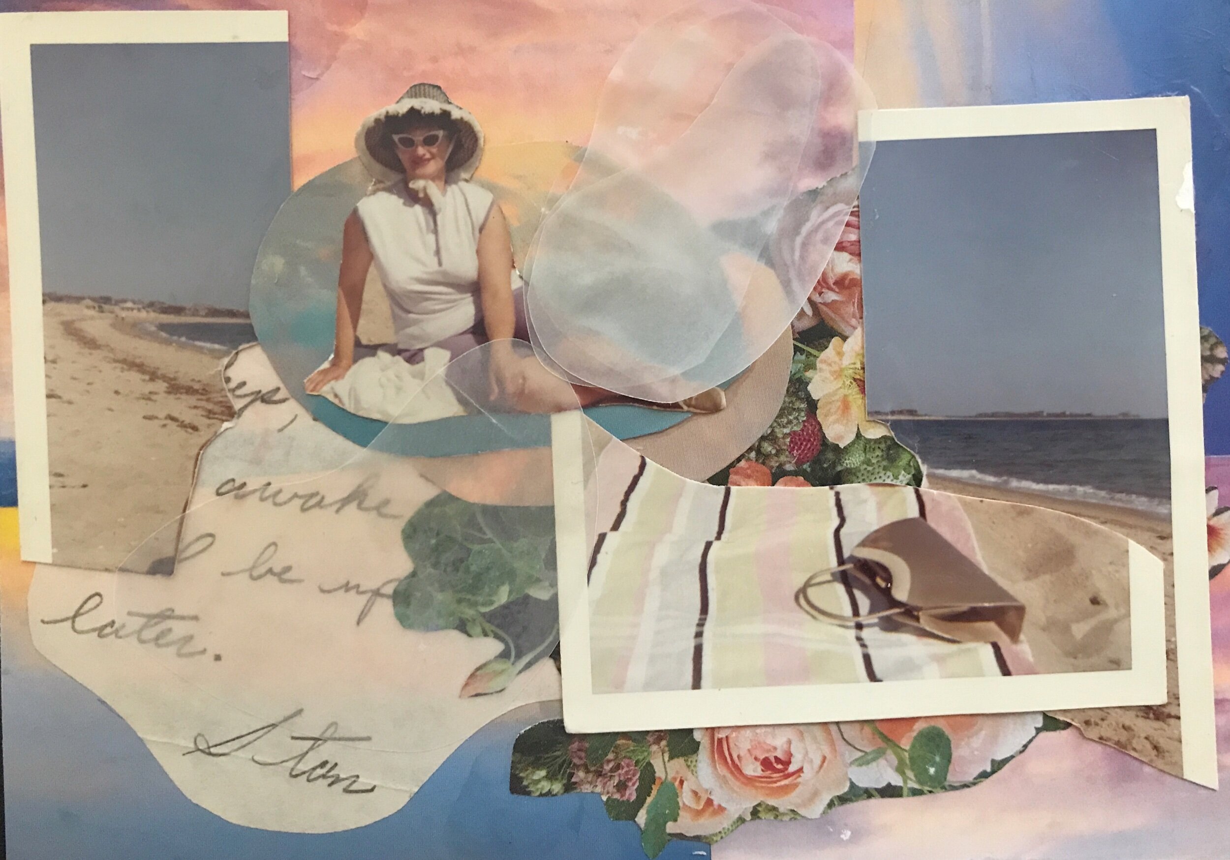 At The Beach, Collage, 5” x 7”, Card stock, Photographs from estate in Owego, NY, found letter, found images, vellum