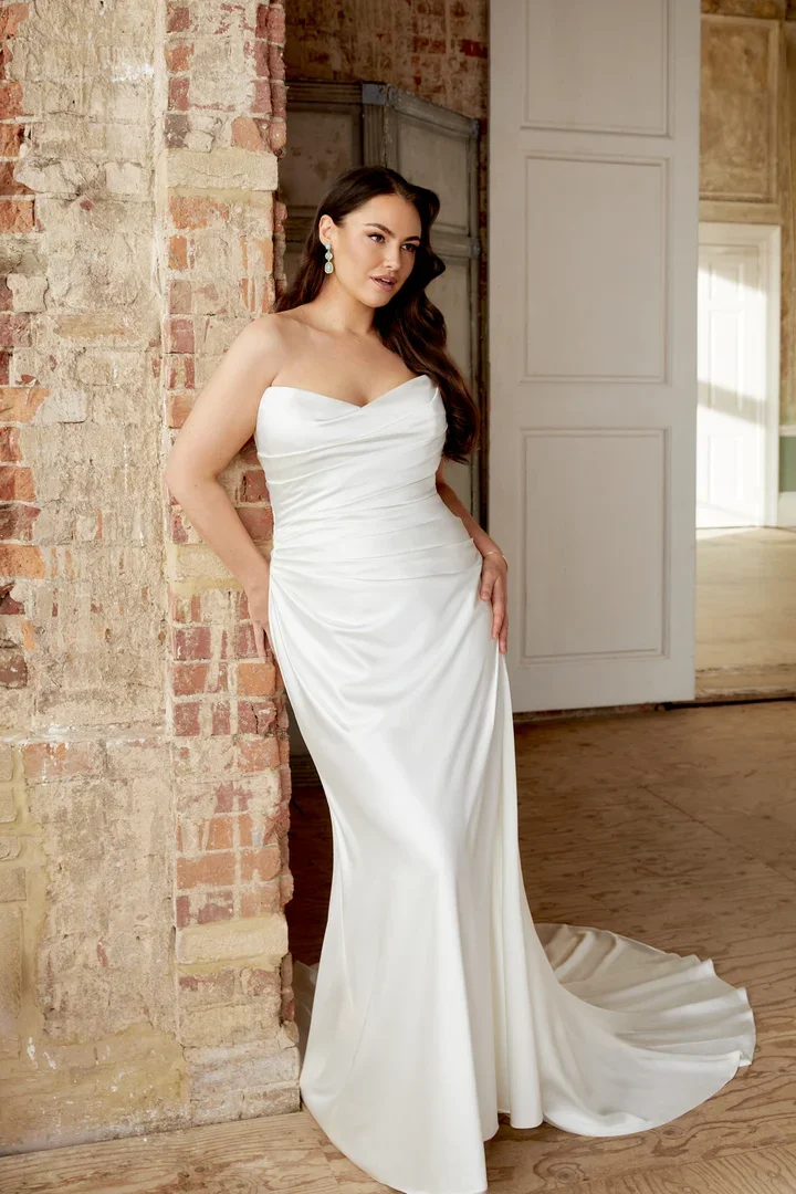 charmeuse ruched fit and flare bridal gown.webp