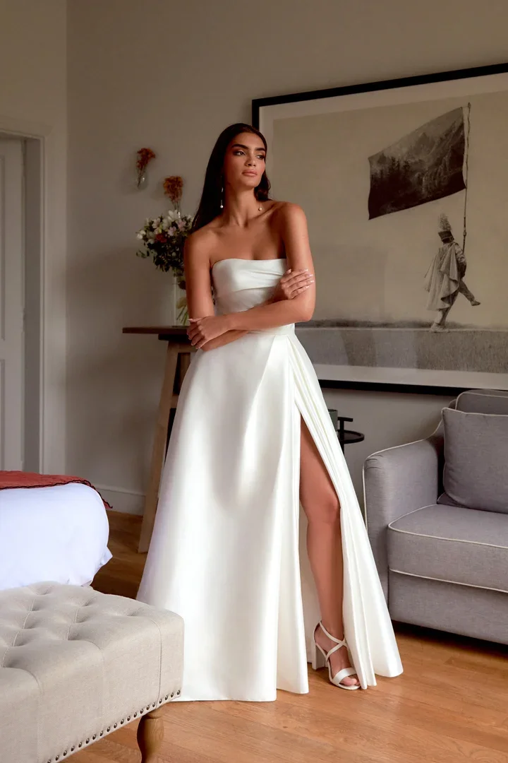 strapless mikado aline wedding dress with slit.webp