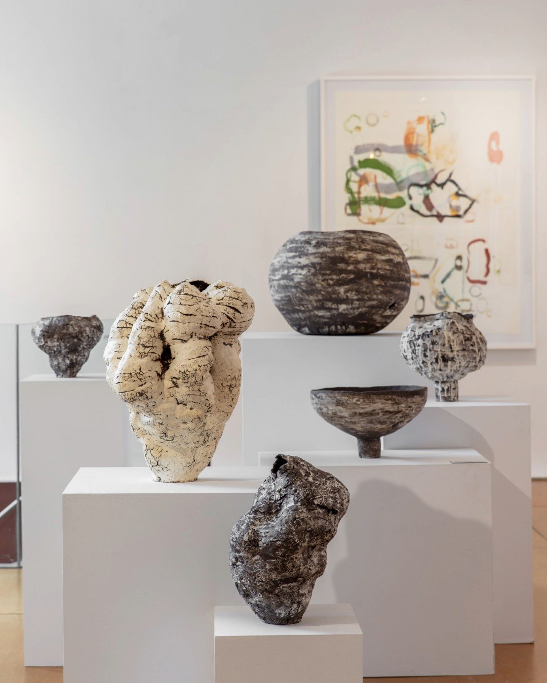 Ilona Golovina&rsquo;s ceramics and John Cage&rsquo;s prints creating their own synergy in the gallery. Both artists created these works using fire and chance as crucial components.

Photo by Ilona Golovina