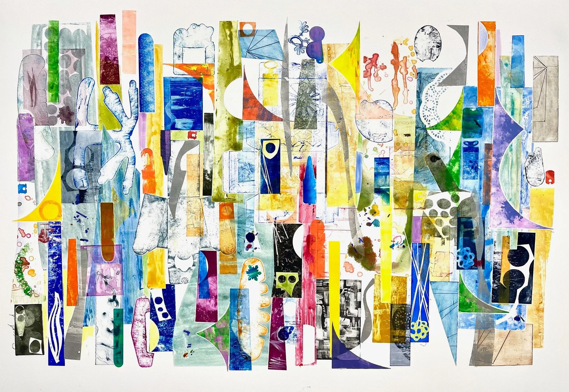 Susan Oehme&rsquo;s monoprint work showcases the expressive potential of the medium: layering color, texture, and handwork into a striking, one-of-a-kind composition that invites close examination.

Balance of Power, 2023
Oil and watercolor monoprint