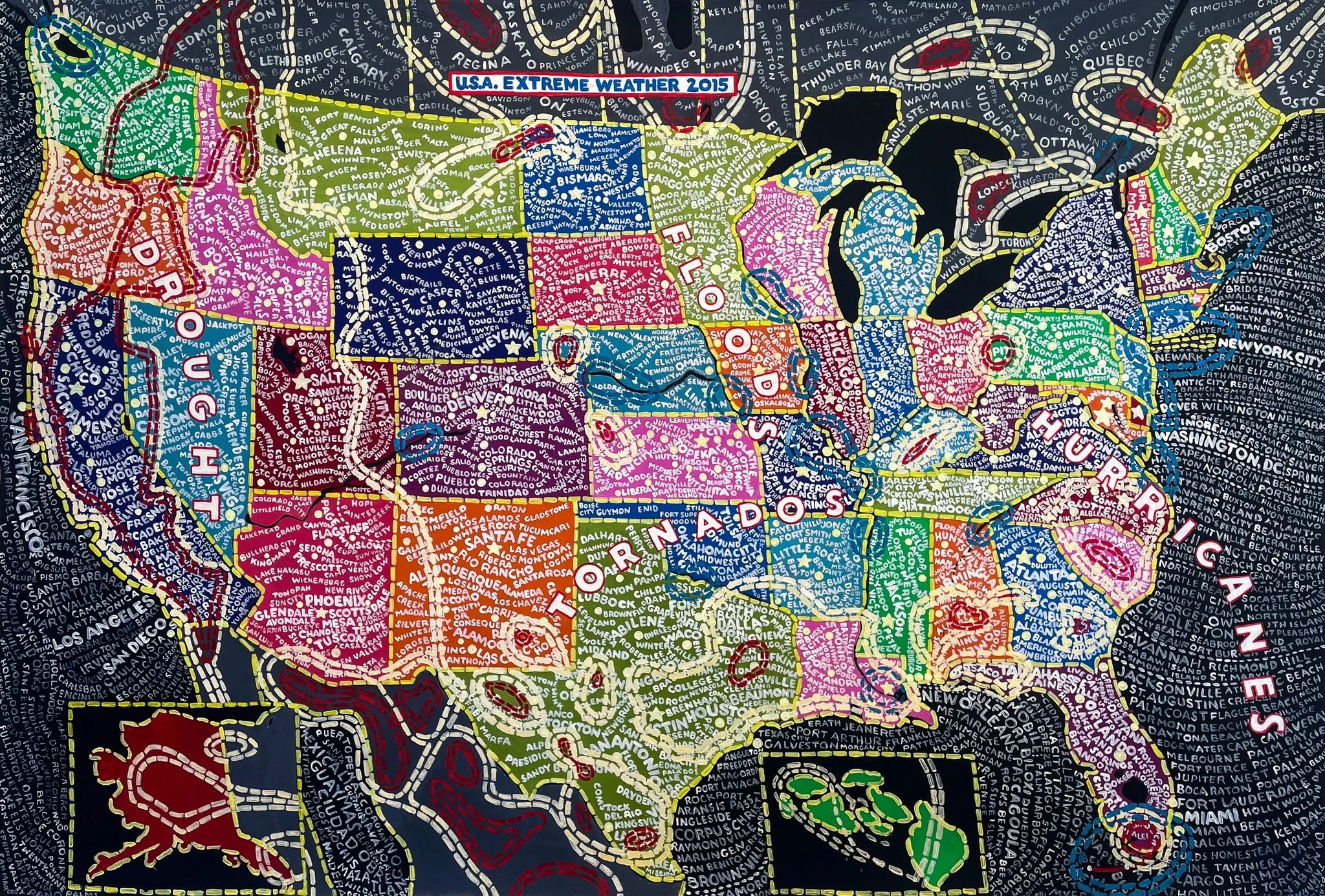 The United States configured with 3 different sets of information by Paula Scher. Join us THIS THURSDAY from 6-8pm for the opening of Paula Scher: Painting The World.

U.S.A. Extreme Weather, 2015
Acrylic on silkscreen
36 3/4 x 54 1/8 inches

The Uni
