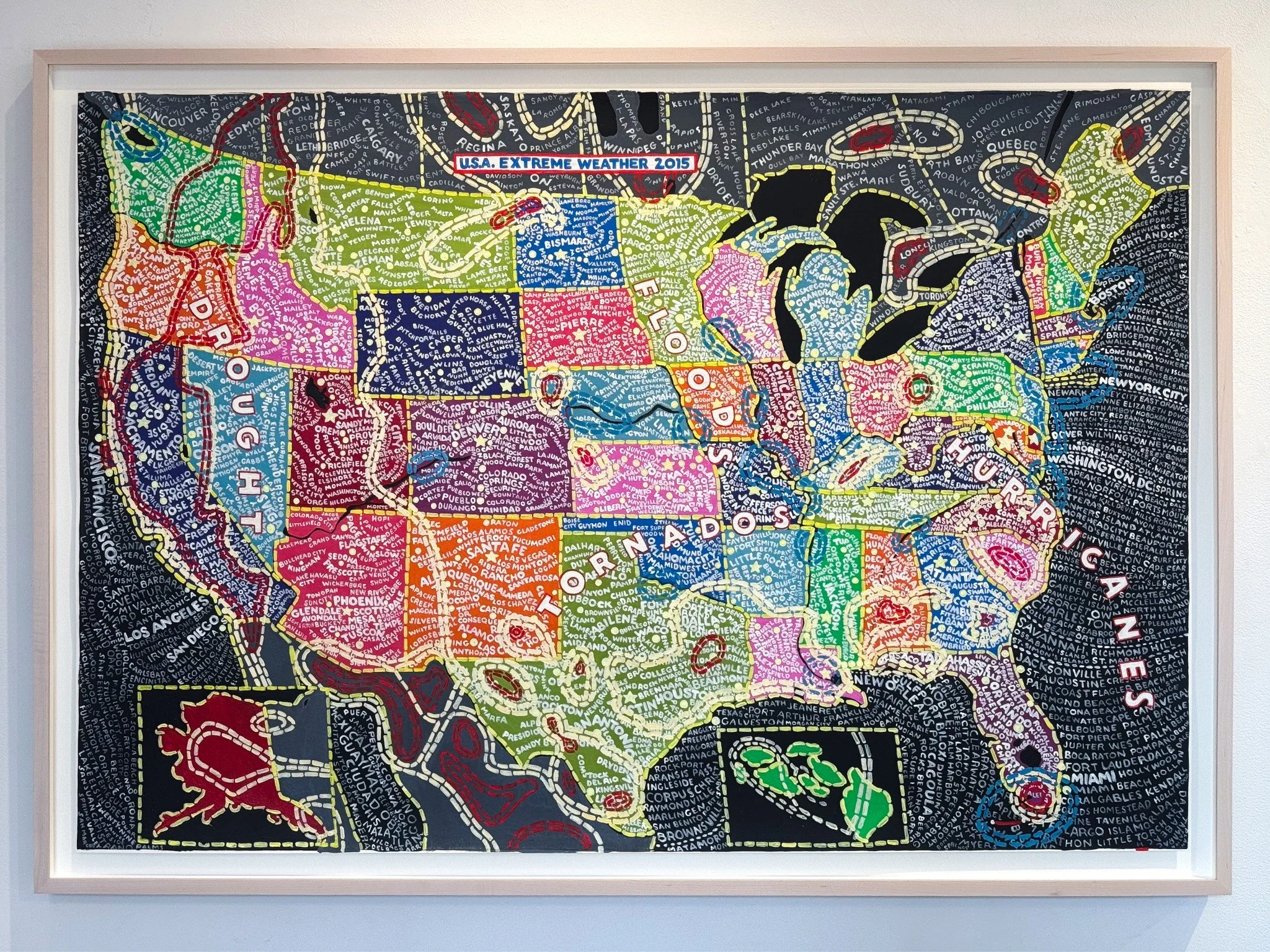Paula Scher overlays the American landscape with hand-painted meteorological information, transforming data into gesture. Stop by to see several more of her incredible maps in person through April 19th!

U.S.A. Extreme Weather, 2015
Acrylic on silksc