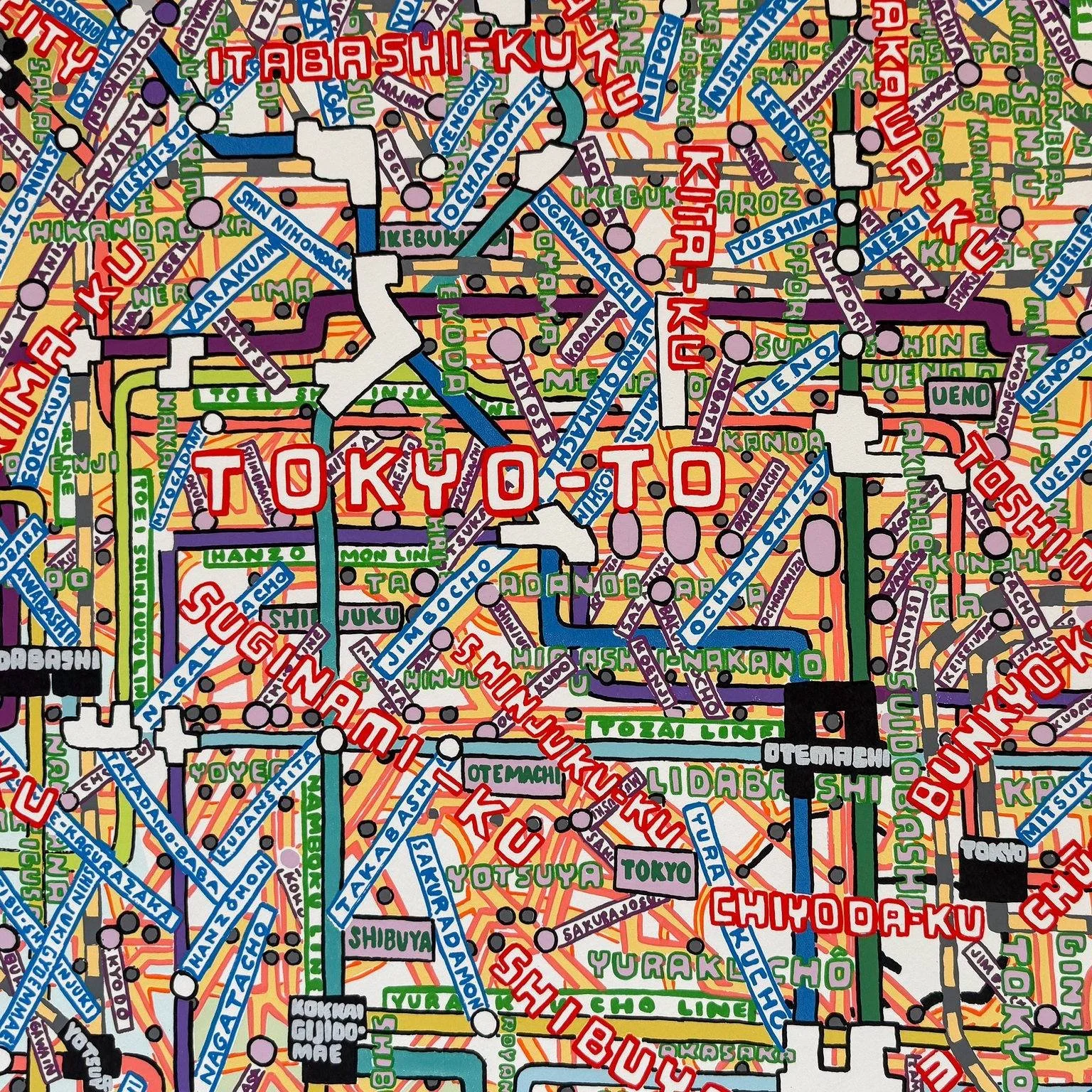 Details of the vast interconnected network of trains and neighborhoods in Tokyo by Paula Scher.

Tokyo, 2018
Screenprint
42 x 40 3/4 inches
Edition of 150

#jimkempnerfineart #contemporyart #maps #painting #fineartprints #paulascher #tokyo