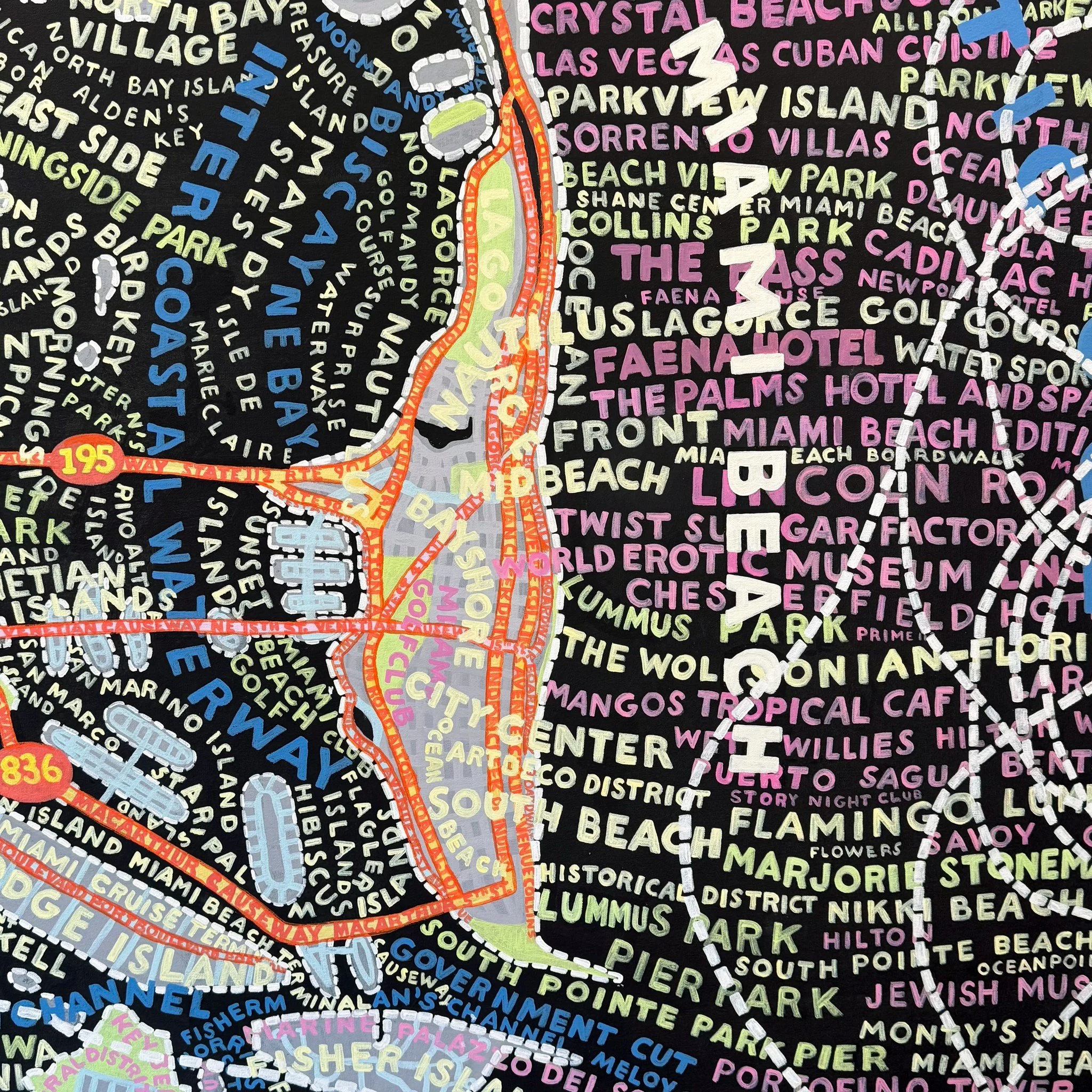 Paula Scher details prominent roads, locations, and the winds of hurricane Maria as it approaches Miami in this large acrylic painting.

Miami Maria, 2021
Acrylic on canvas
90 7/8 x 103 inches 

#jimkempnerfineart #nycgallery #paulascher #map #miamib
