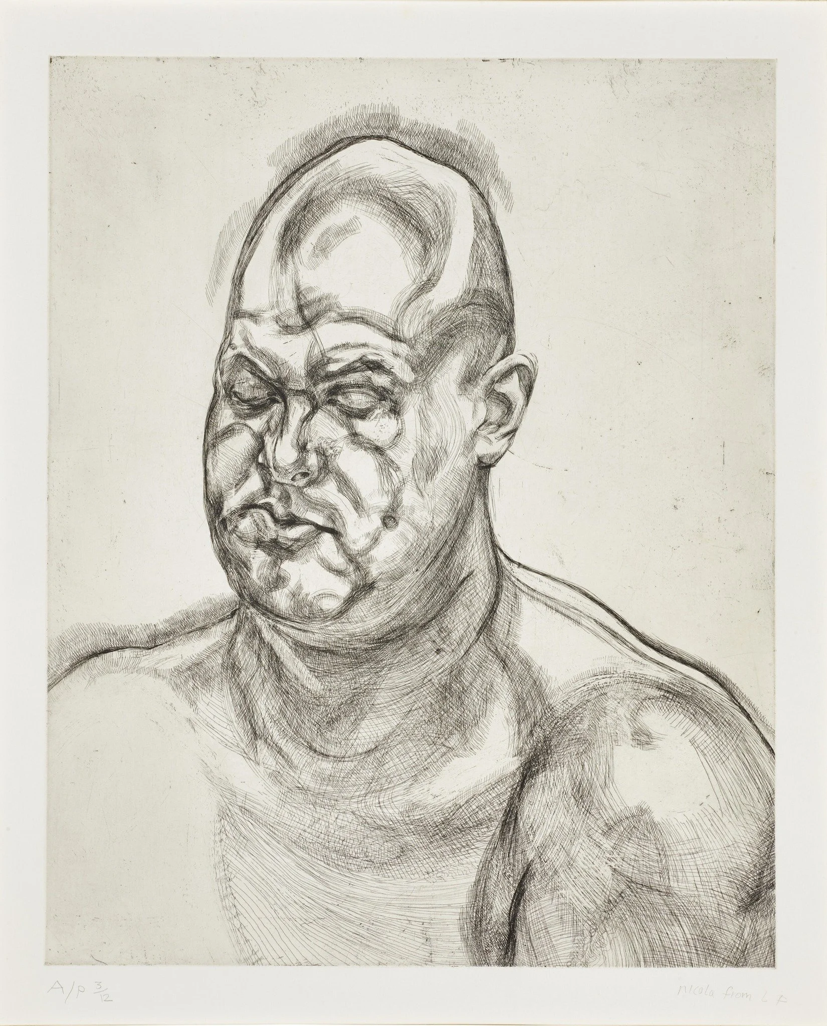 New addition: one of Lucian Freud&rsquo;s portraits of Liegh Bowery, an Australian performance artist, in a moment of quiet repose.

Large Head, 1993
Etching
31 1/4 x 25 inches
Edition of 40 plus 12 AP

Publisher: Matthew Marks Gallery
Printer: Marc 