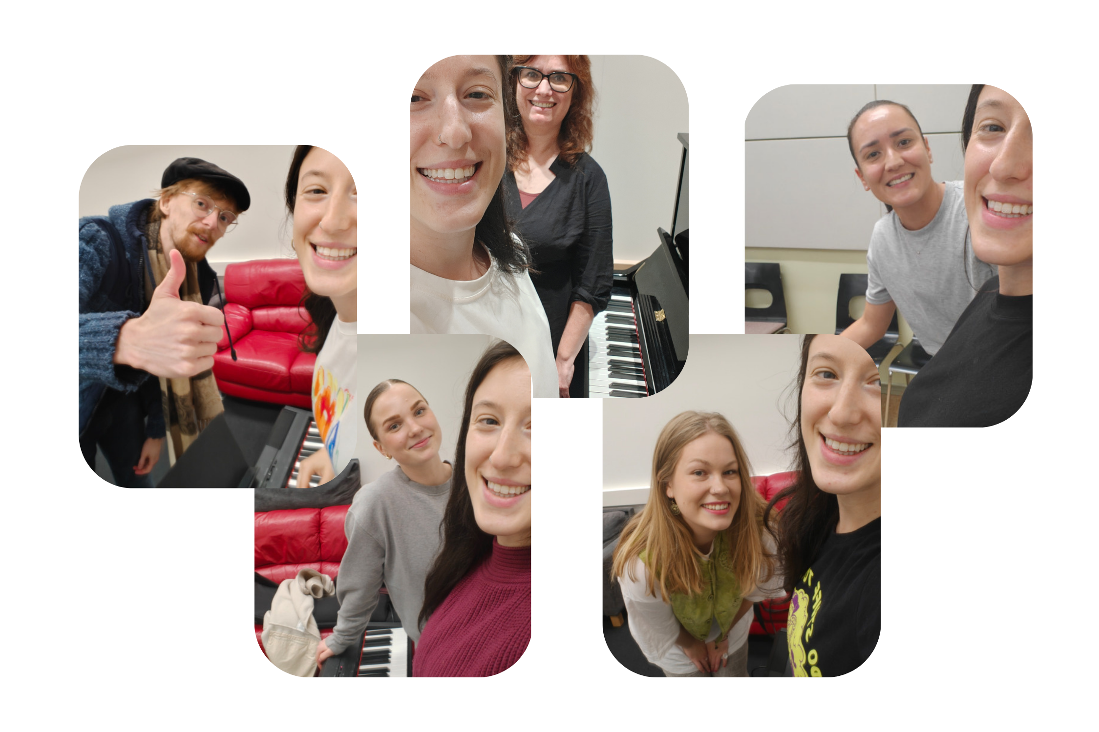 Tania taking selfies with her singing students, standing by a piano