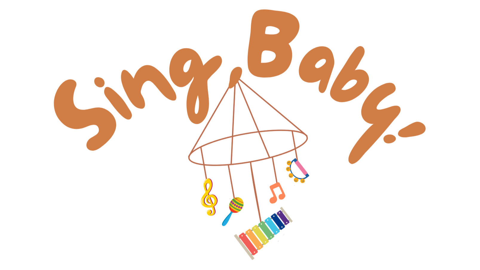 The word 'Sing, Baby!' in orange letters with a musical baby mobile hanging from the middle.
