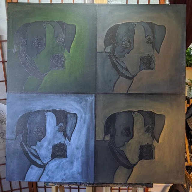 Halfway done, a commissioned piece for a friend, her dog Remy.  Do you love your dog?  Give them a pet portrait for Christmas!