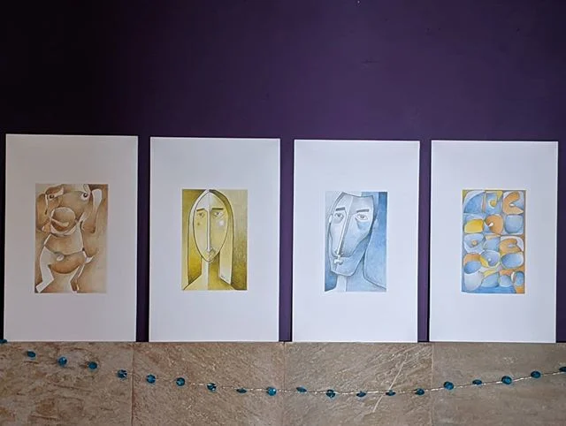 A series of small works, acrylic and graphite on board.  The images themselves are 5x8.  This is exactly how I worked when I was in Art school, very small with water downed acrylics.