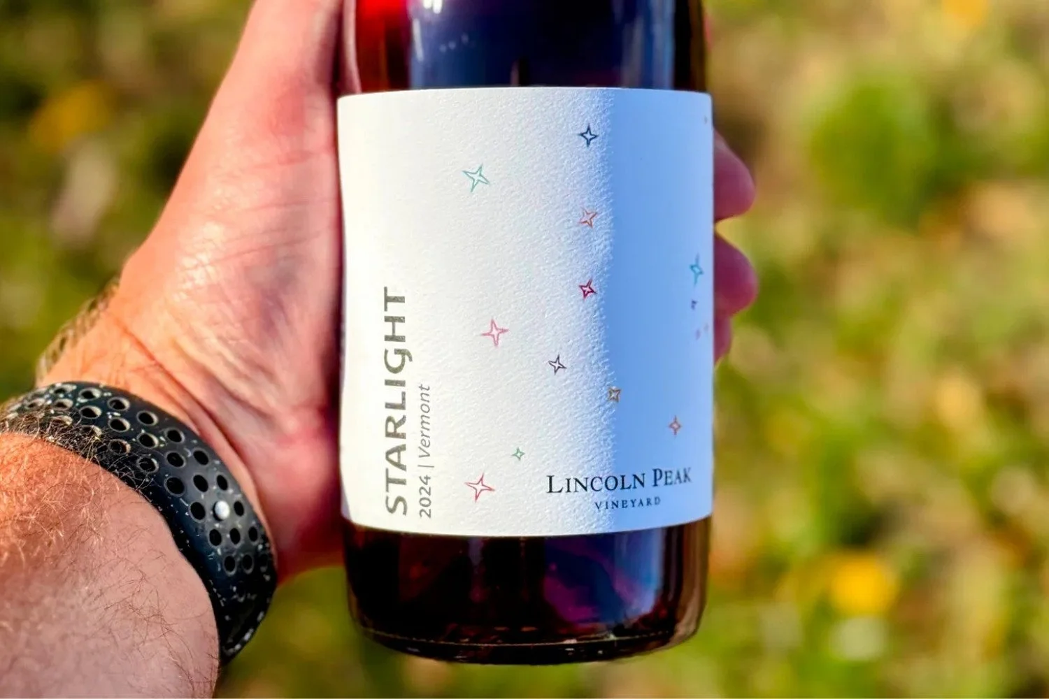A man's hand holds a bottle of 2024 Lincoln Peak Starlight with a grassy background
