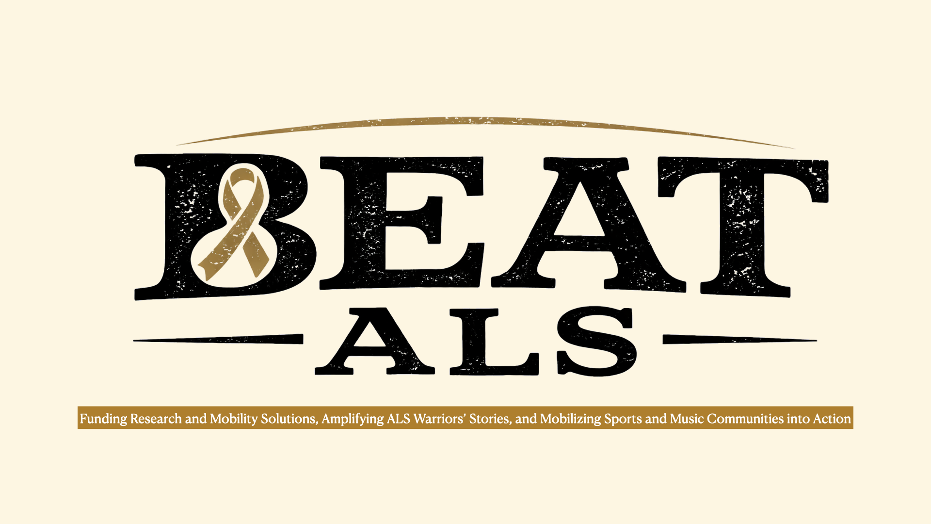 Logo with the words "BEAT ALS" and a ribbon integrated into the letter B, with a brown line above and a brown banner below containing text about funding research, stories, and communities related to ALS.