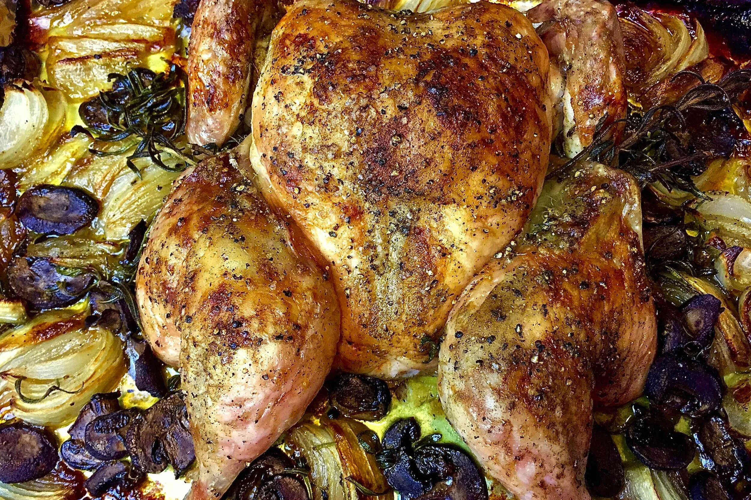 Perfect for Fall: Burgundy Inspired Rosemary Roasted Chicken with Mushrooms & Caramelized Onions!