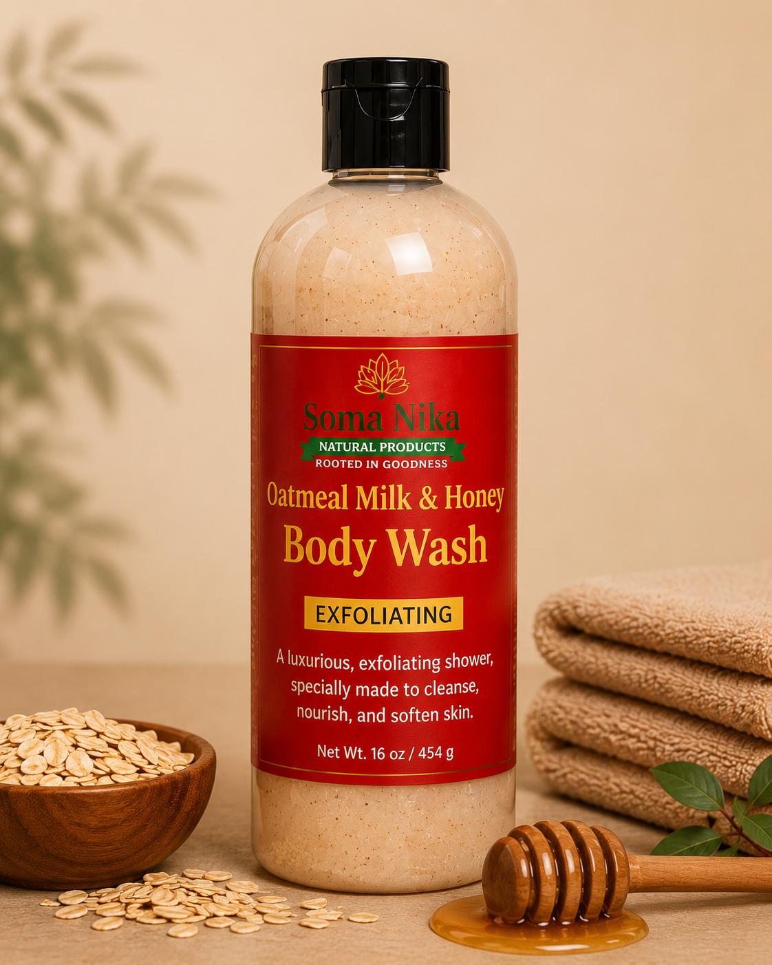 Bottle of Soma Nika's Oatmeal Milk & Honey exfoliating body wash surrounded by a bowl of oats, folded towels, honey dipper, and green leaves.