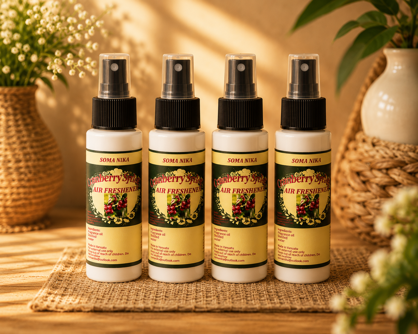 Four bottles of cranberry scented air fresheners on a woven mat. Two plants in woven baskets are in the background, one on the left and one on the right.