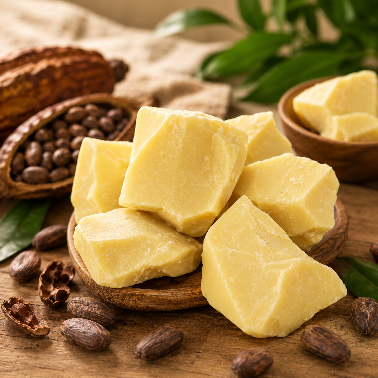Chunks of yellow cocoa butter on a wooden plate with cocoa beans and cocoa pod in the background.