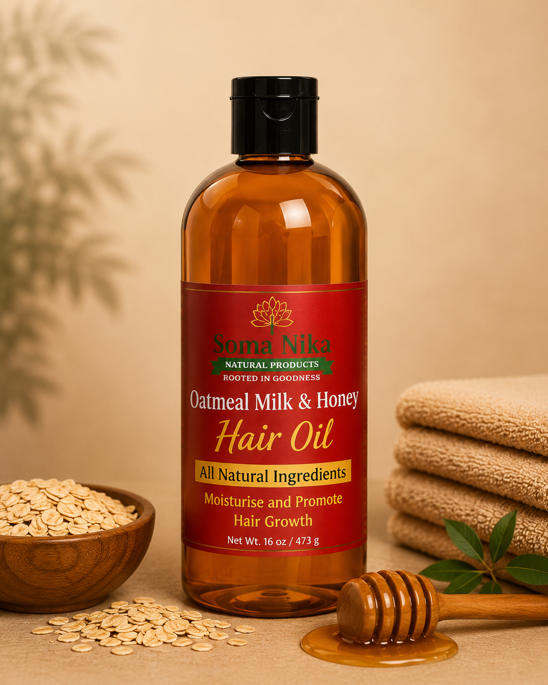 A bottle of Soma Nika oatmeal milk and honey hair oil with natural ingredients, surrounded by oats, towels, and a honey dipper.