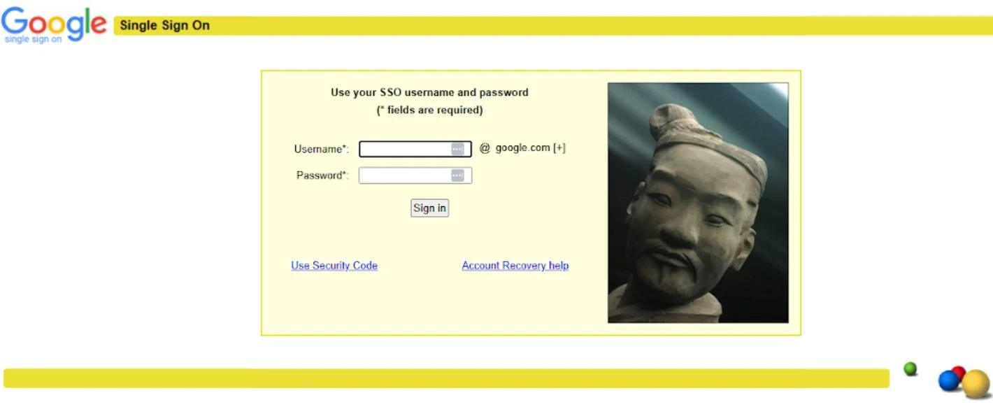  Single Sign On at Google - Before 

 Here’s a look at two screens showing how corporate logins were before I came onboard Nov 2024. PSS/Core UX was about to tackle a tech debt of moving on from early 2000s user experiences floating around internal t
