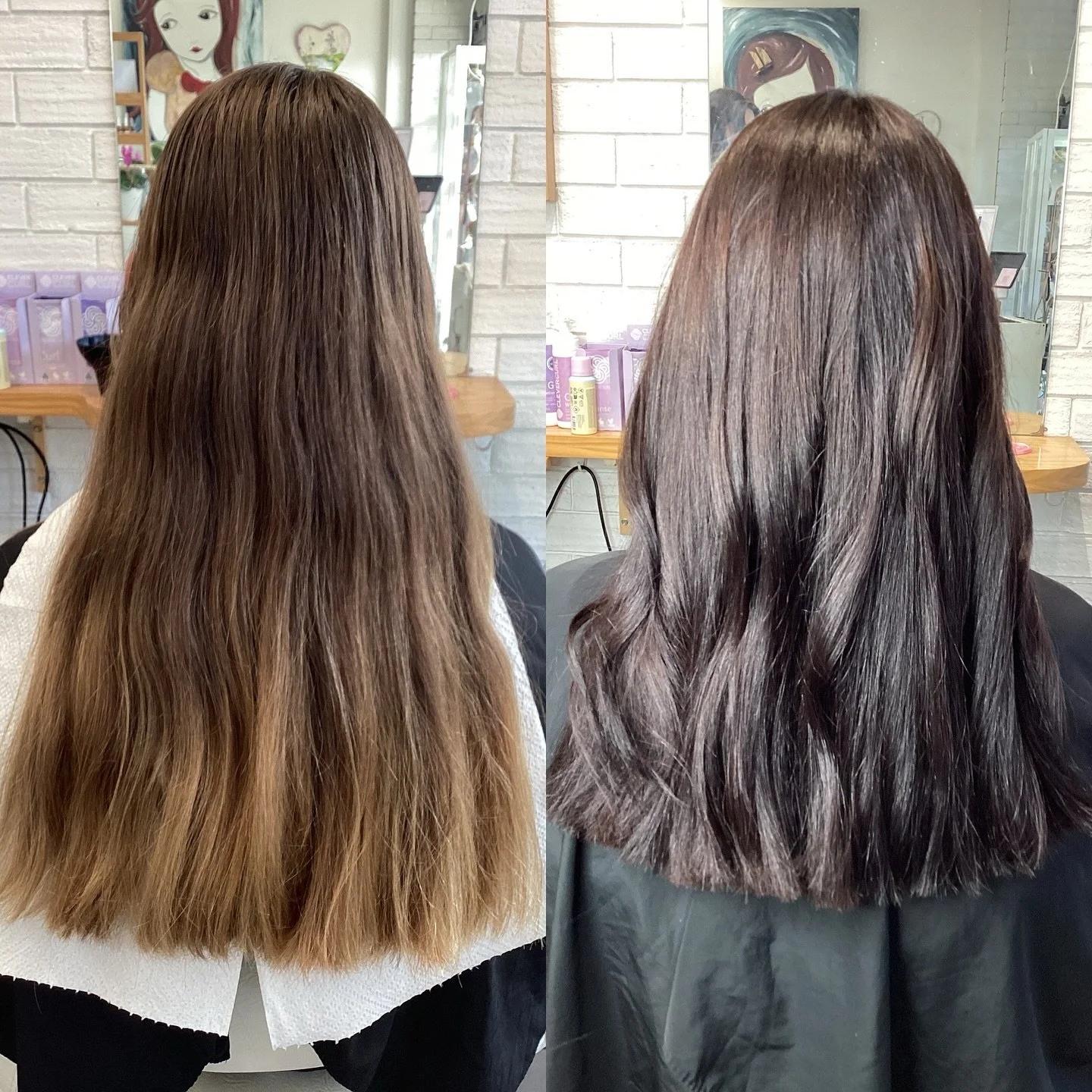 From dry, dull hair to shiny, rich brunette 🤎
&bull;
@dnaorganics #dnaorganics 
@everescents_organic_haircare #everescents 
&bull;
#brunette #blossomorganichair #organichaircolour #ammoniafree #crueltyfree #vegansalon #healthyhair #darkhair
