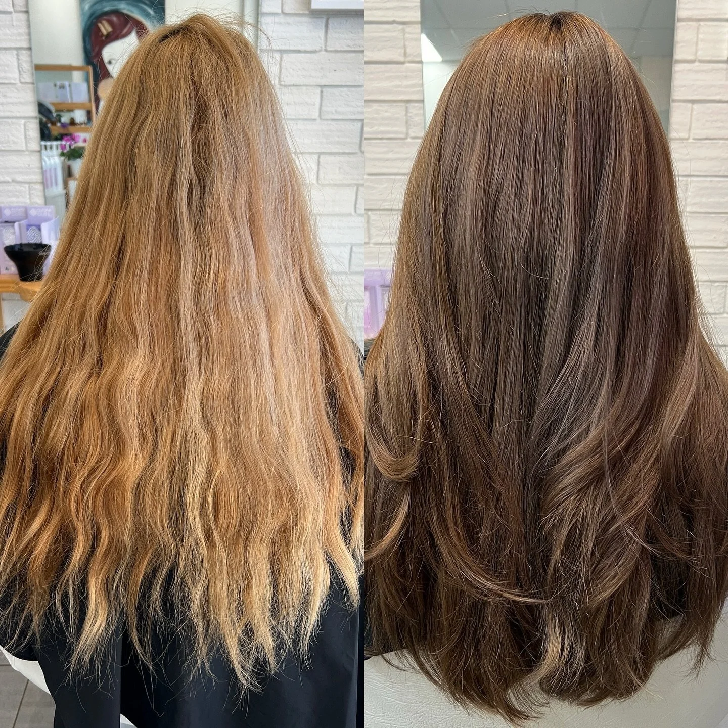Home bleached brassy &amp; damaged hair to a soft shiny brunette 🦋😍
&bull;
@dnaorganics #dnaorganics 
&bull;
#blossomorganichair #everescents @everescents_organic_haircare #organichaircolour #brunette #colourtransformation #longhair #healthyhair #h
