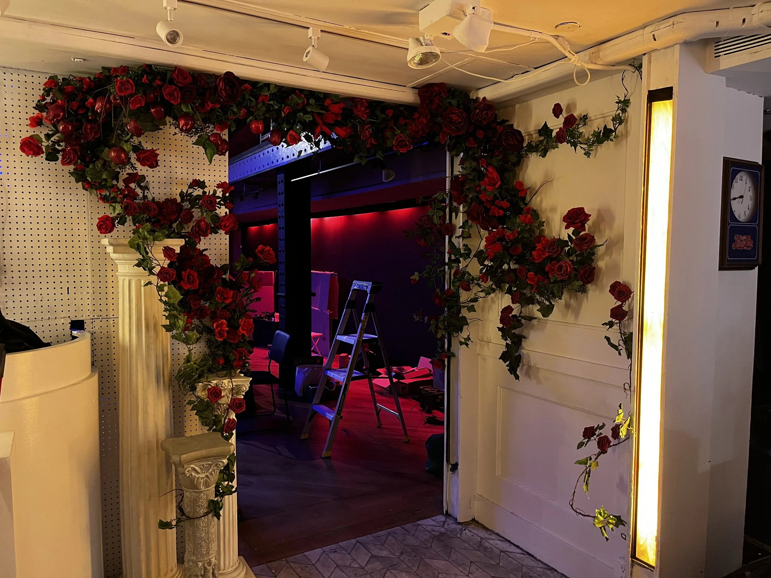faux rose entryway for Third Rail Project's True Love Forever