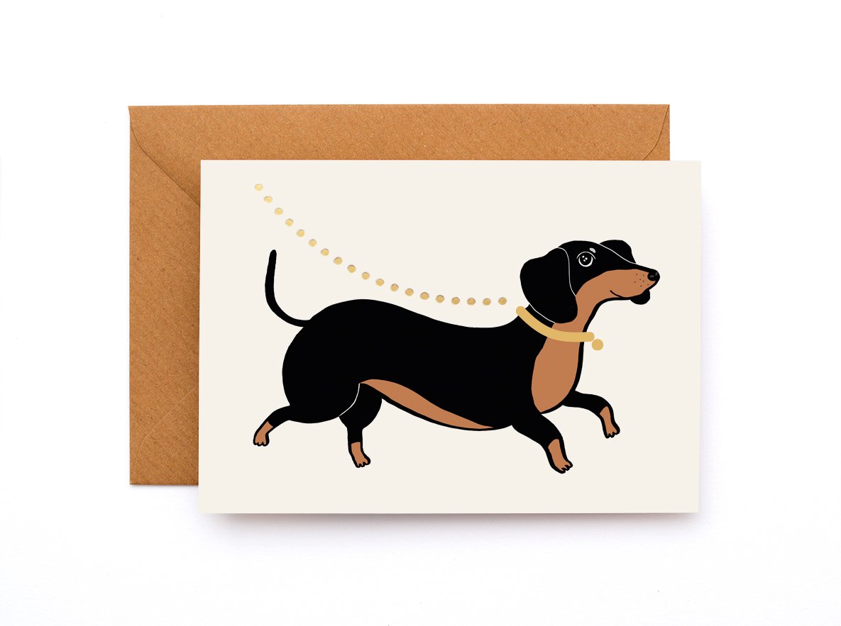Short Haired Dachshund Sausage Dog Greeting Card with gold foil leash  detail + 100% recycled envelope — YES! PAPER GOODS